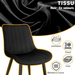 Chaise de salle à manger noir avec revêtement en velours et pieds en métal.