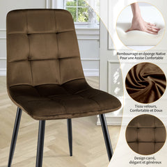Chaise de salle à manger marron en velours hollandais avec pieds en métal.