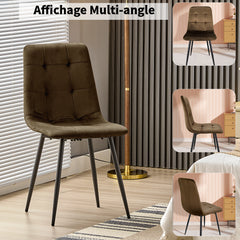 Chaise de salle à manger marron en velours hollandais avec pieds en métal.