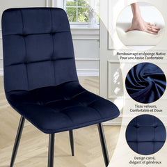 Chaise de salle à manger bleu marine en velours hollandais avec pieds en métal.