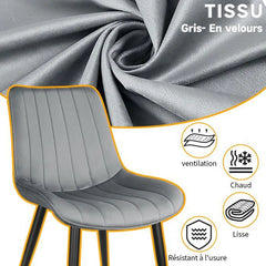 Chaise de salle à manger gris avec revêtement en velours et pieds en métal.