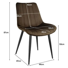 Chaise de salle à manger jaune-brun avec revêtement en velours et pieds en métal.