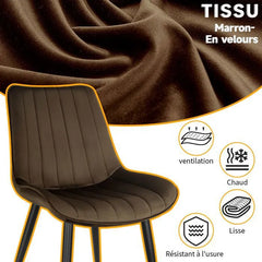 Chaise de salle à manger jaune-brun avec revêtement en velours et pieds en métal.
