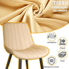 Chaise de salle à manger Champagne avec revêtement en velours et pieds en métal.