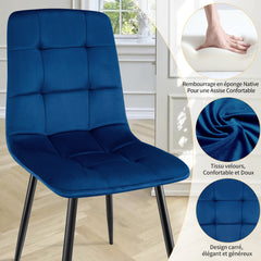 Chaise de salle à manger bleu foncé en velours hollandais avec pieds en métal.