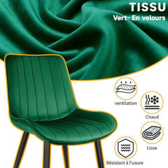 Chaise de salle à manger verte avec revêtement en velours et pieds en métal.